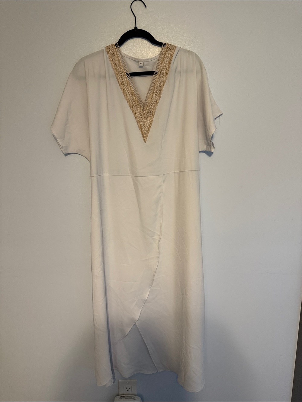 Cream V-Neck Midi Dress with Gold Beaded Trim